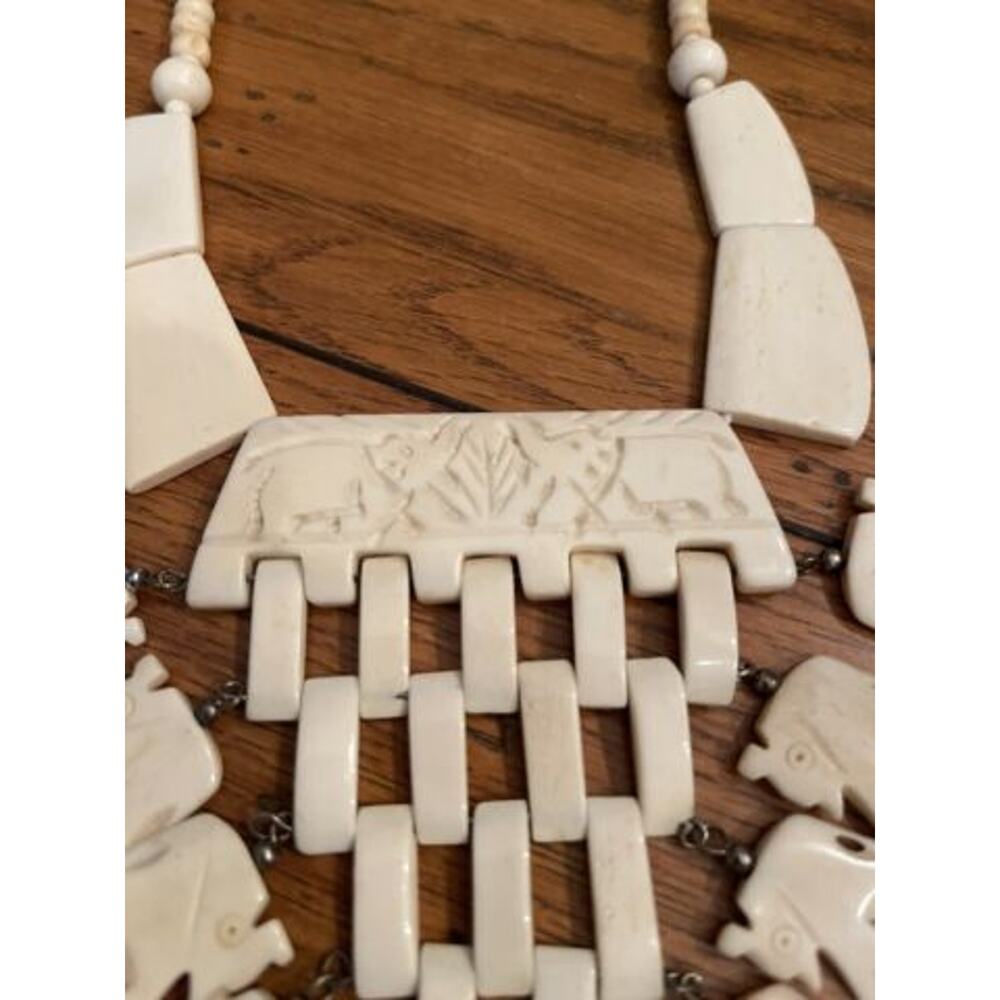 Vintage Bone Necklace 21" Statement Bib Elephant Design 5" Drop - Picture 3 of 7